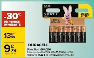 Carrefour Duracell piles plus 100% x16 offre