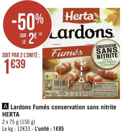 Promo Herta lardons fumés conservation sans nitrite chez Géant Casino