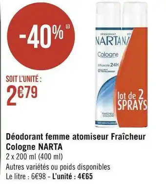 Narta déodorant femme atomiseur fraîcheur cologne