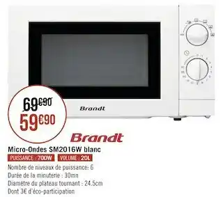 Géant Casino Brandt micro-ondes sm2016w blanc offre