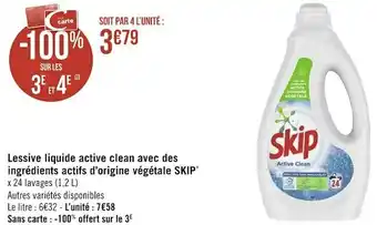 Géant Casino Skip lessive liquide active clean avec des ingrédients actifs d’origine végétale* offre