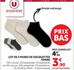 Hyper U U essentiel lot de 3 paires de socquettes femme offre