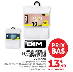 Hyper U Dim lot de 10 paires de mi-chaussettes de sport homme ou femme offre