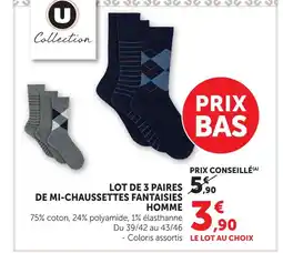 Hyper U U lot de 3 paires de mi-chaussettes fantaisies homme offre