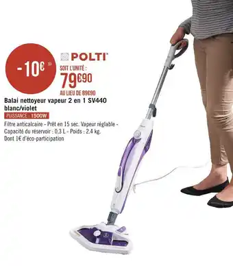 Géant Casino Polti balai nettoyeur vapeur 2 en 1 sv440 blanc/violet offre