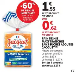 U Express Jacquet pain de mie maxi tranches sans sucres ajoutés offre
