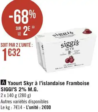 Géant Casino Siggi’s yaourt skyr à l’islandaise framboise 2% m.g. offre