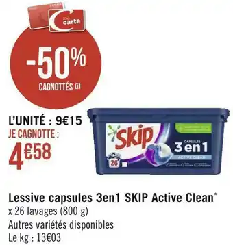 Géant Casino Skip lessive capsules 3en1 active clean* offre
