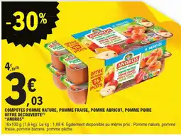 E.Leclerc Andros compotes pomme nature, pomme fraise, pomme abricot, pomme poire offre découvertе offre