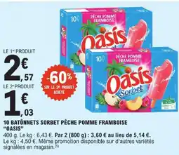 E.Leclerc Oasis 10 bâtonnets sorbet pêche pomme framboise offre