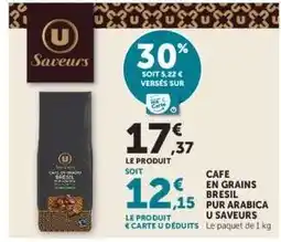Hyper U CAFE EN GRAINS BRESIL PUR ARABICA U SAVEURS offre
