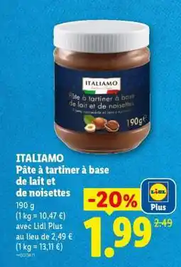 Lidl ITALIAMO Pâte à tartiner à base de lait et de noisettes offre