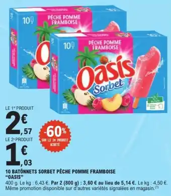 E.Leclerc Express 10 batônnets sorbet pêche pomme framboise oasis offre
