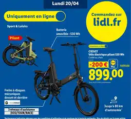 Lidl CRIVIT Vélo électrique pliant 530 Wh offre