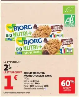 Auchan Biscuit Bio Nutri+ Avoine Chocolat Bjorg offre