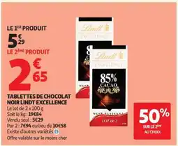 Auchan TABLETTES DE CHOCOLAT NOIR LINDT EXCELLENCE offre