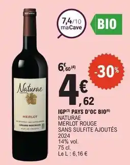 E.Leclerc NATURAE MERLOT ROUGE SANS SULFITE AJOUTÉS 2024 offre