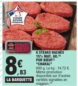 E.Leclerc 6 STEAKS HACHÉS 15% MAT. GR. PUR BŒUF 'CHARAL' offre