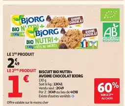 Auchan BJORG Biscuit bio nutri+ avoine chocolat offre
