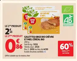 Auchan CÉRÉAL BIO Galettes orge bio chèvre et miel offre