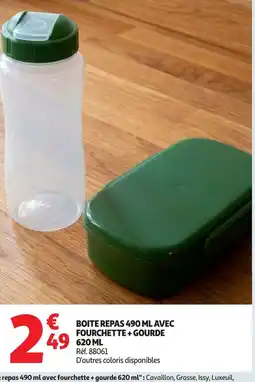 Auchan Boite repas 490 ml avec fourchette + gourde offre