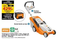Castorama Tondeuse sur batterie 36 V/4 Ah- largeur de coupe 35 cm-hauteur de coupe 25 à 60 mm - bac 40 L-RMA239 offre