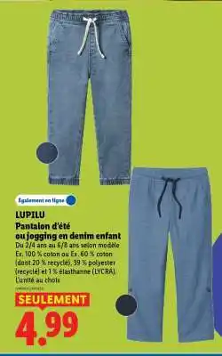 Lidl LUPILU Pantalon d'été ou jogging en denim enfant offre