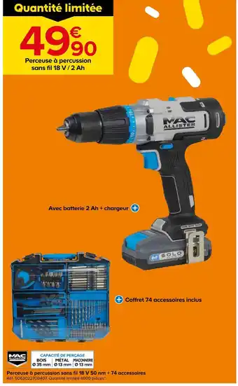 Castorama Mac allister perceuse à percussion sans fil 18 v 50 nm + 74 accessoires offre