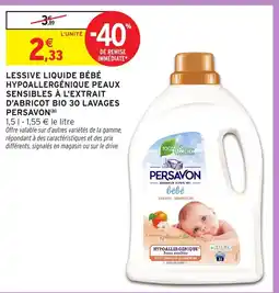 Intermarché Hyper Persavon Lessive liquide bébé hypoallergénique peaux sensibles à l'extrait d'abricot bio 30 lavages offre