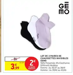 Intermarché Hyper Gemo Lot de 3 paires de chaussettes invisibles offre