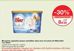 Monoprix LE CHAT Lessive capsules peaux sensibles aloe vera et savon de Marseille offre