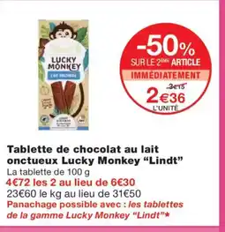 Monoprix LINDT Tablette de chocolat au lait onctueux Lucky Monkey offre