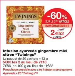 Monoprix TWININGS Infusion ayurveda gingembre miel citron offre