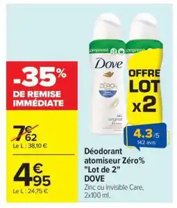 Carrefour Déodorant atomiseur Zéro% Lot de 2 DOVE offre