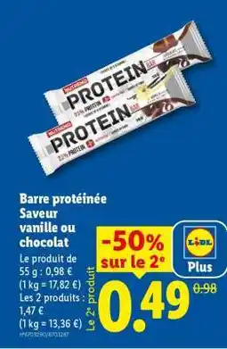 Lidl Barre protéinée Saveur vanille ou chocolat offre