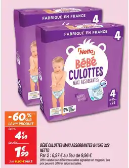 Netto Netto bébé culottes maxi absorbantes 8/15kg x22 offre