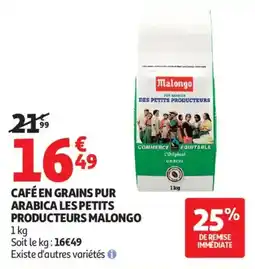 Auchan Café en grains pur arabica les petits producteurs malongo offre