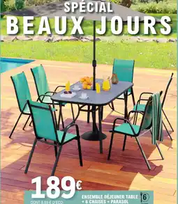 E.Leclerc ENSEMBLE DÉJEUNER TABLE+6 CHAISES + PARASOL offre