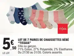 E.Leclerc Lot de 7 paires de chaussettes bébé tissaia offre