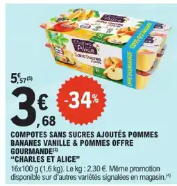 E.Leclerc Charles et alice compotes sans sucres ajoutés pommes bananes vanille & pommes offre gourmande offre