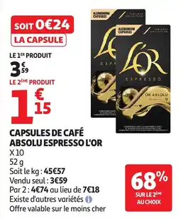 Auchan L'Or Capsules de café absolu espresso offre