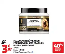 Auchan MASQUE 4EN1 RÉPARATION POUR CHEVEUX SECS ET ABIMÉS GLISS SCHWARZKOPF offre