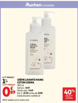 Auchan CRÈME LAVANTE MAINS COTON COSMIA offre