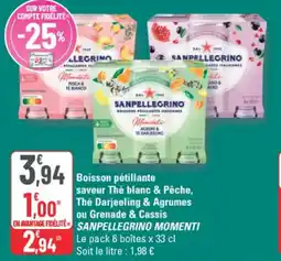 G20 Boisson pétillante saveur thé blanc & pêche, thé darjeeling & agrumes ou grenade & cassis sanpellegrino momenti offre