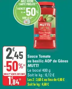G20 Sauce tomate au basilic aop de gênes mutti offre