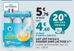 Hyper U LAIT UHT FACILE À DIGERER SANS LACTOSE U offre