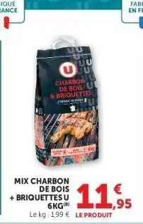 Hyper U MIX CHARBON DE BOIS + BRIQUETTES U 6KG offre