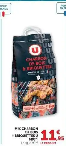 Super U MIX CHARBON DE BOIS + BRIQUETTES U 6KG offre