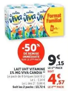 Super U Lait UHT Vitamine 1% MG Viva Candia offre