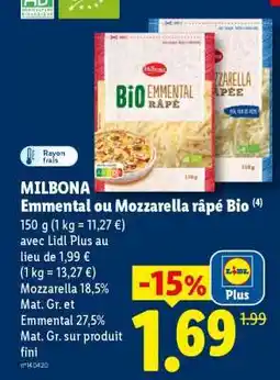 Lidl MILBONA Emmental ou Mozzarella râpé Bio offre